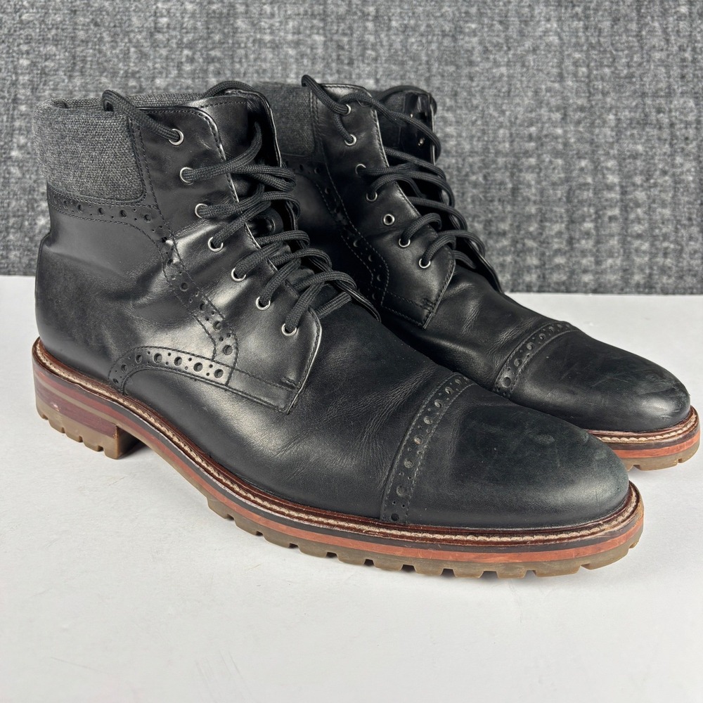 Johnston & Murphy J&M 1850 Karnes Brogue Cap Toe Leather Boots 12 Black Lug Sole